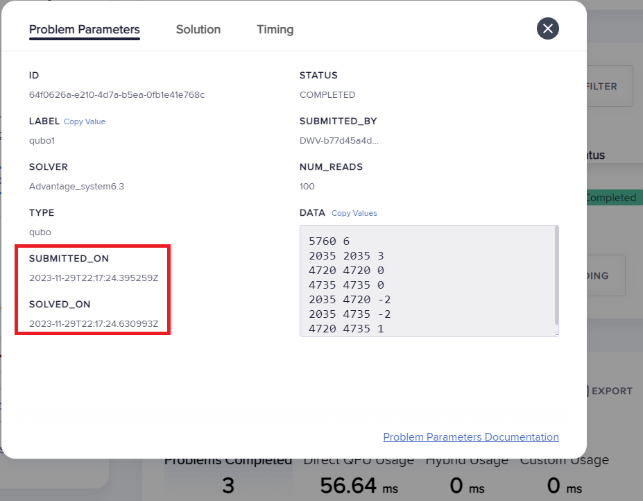 Snapshot of the Leap service's Problem Parameters for the problem.